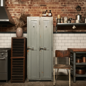 Antieke houten lockerkast grijs