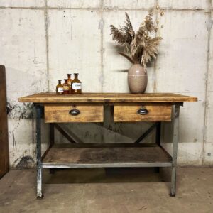 Vintage werkbank hout met staal