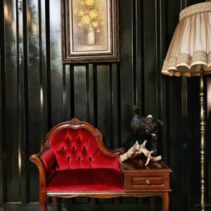 Antiek telefoon bankje Bordeaux rood velvet